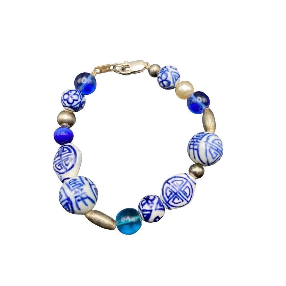 Chinese sterling silver 924 chinoiserie ceramic porcelain blue white bracelet